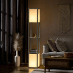 White floor lamp shelving unit with two illuminated square light panels and shelves