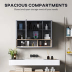 Grey bathroom mirror cabinet with open doors showing shelves and cubby storage