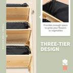 Three-tier planter with stacked black fabric beds and natural wood legs