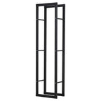 Tall black metal firewood log holder with side rails, vertical open frame