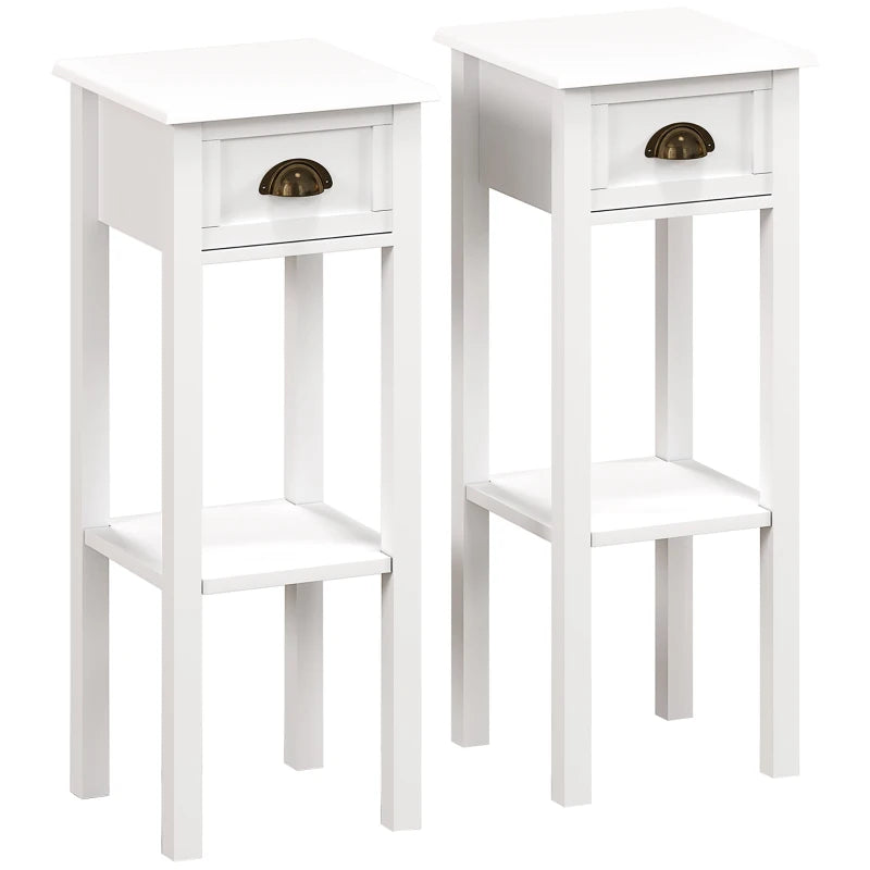 White bedside table with drawer and open shelf, gold pull handle
