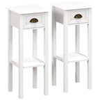 White bedside table with drawer and open shelf, gold pull handle