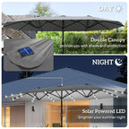 Dark grey double-canopy patio umbrella with solar LED light and folded shade cover