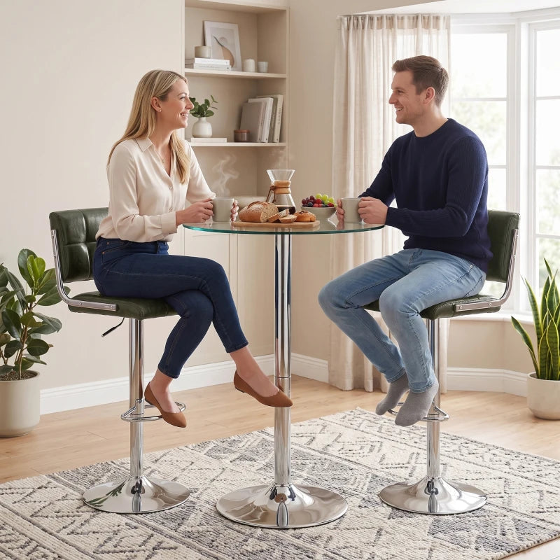 Pair of green PU leather bar stools with backrests, chrome bases and footrests