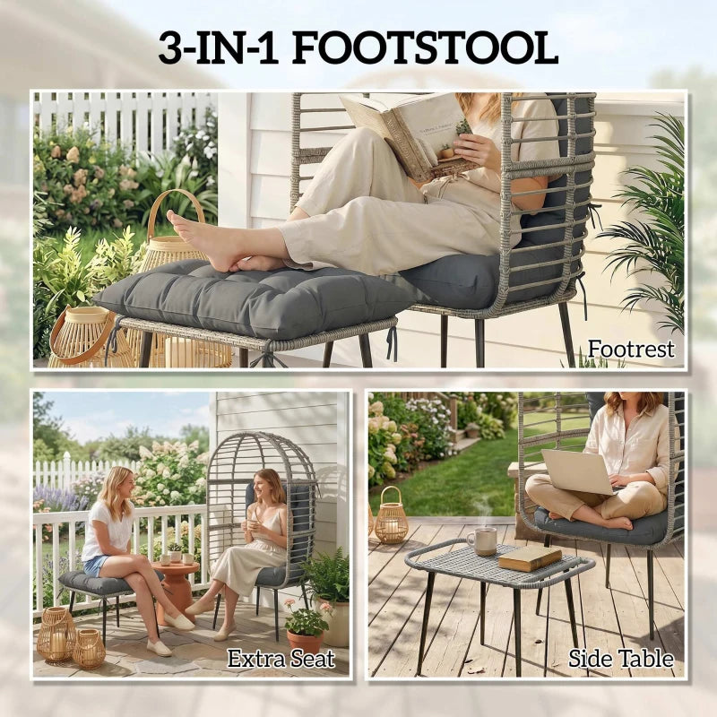 Rattan egg chair with thick light grey cushions and padded footstool