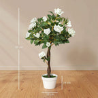 Artificial white rose floral plant with green leaves and brown trunk in white pot