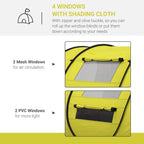 Yellow tent with two mesh windows and two PVC windows for shaded airflow and light.
