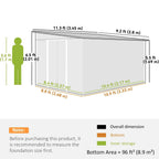 Outdoor metal storage shed dimension diagram with labeled roof and base measurements