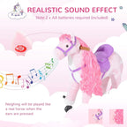 Plush ride-on horse with realistic sound effect, wooden handle, four rolling wheels