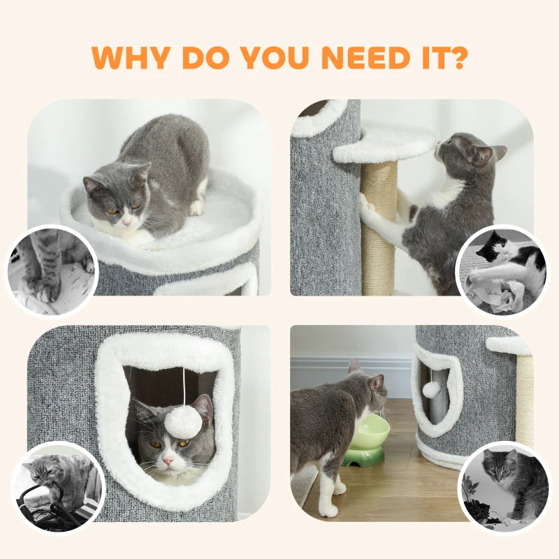 Gray cat tree with stacked condos and perches, shown with multiple cats