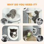 Gray cat tree with stacked condos and perches, shown with multiple cats