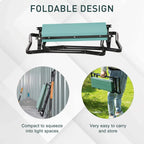Foldable garden kneeler seat with dark green padded board and compact black base
