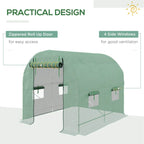 Green walk-in garden greenhouse with roll-up door and four side windows
