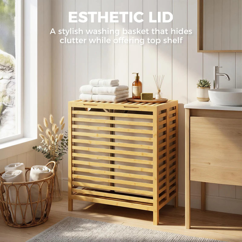 Natural bamboo laundry basket with lid and slatted front panel