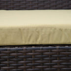 Beige seat cushion fabric with stitched seam on dark woven wicker furniture