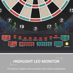 Black electronic dartboard control panel with LED score displays and button row