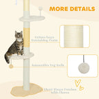 Beige cat climbing tower detail: sisal posts, round perch, and dangling plush play balls