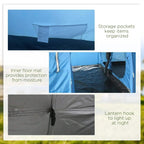 Blue tent interior features: storage pockets, inner floor mat, and lantern hook