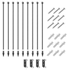 Black dog pen components set with vertical bars, screws, and brackets for assembly