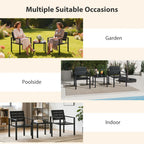 Black 3-piece bistro set shown in multiple settings: two chairs and square table