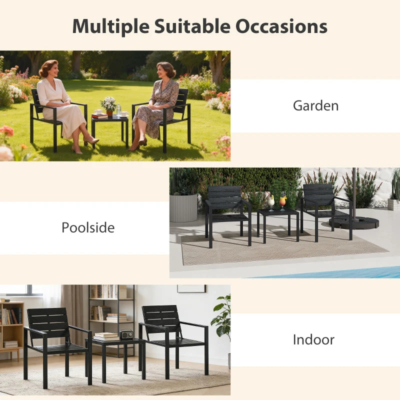 Black 3-piece bistro set shown in multiple settings: two chairs and square table