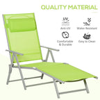 Green folding sun lounger recliner with padded pillow and adjustable backrest