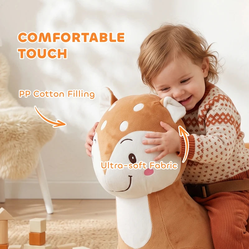 Brown plush deer rocking horse with ultra-soft fabric and wooden rocker base