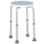 Light blue round shower stool with white legs and adjustable height supports.