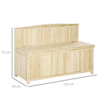 Natural wood garden storage bench with hinged lid, slatted back, and side legs