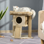 Cat tree tower in brown with round tunnel opening, top perch cushion, and scratching post