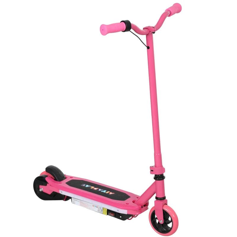 Pink kids electric scooter with handlebar grips, front wheel, and foot deck