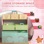 Pink kids storage unit with open compartments and fabric bins for toy, book, and storage space