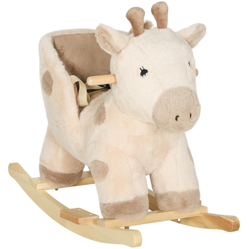 Beige plush giraffe rocking ride-on toy with curved wooden base and seat