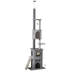 Light grey cat tree with stacked condos, scratching posts, and rounded platforms