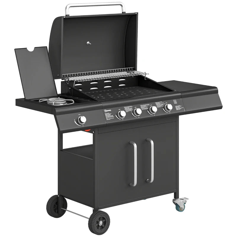 Black gas BBQ grill with open lid, side shelf, and warming racks
