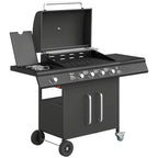 Black gas BBQ grill with open lid, side shelf, and warming racks