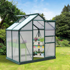 Dark green polycarbonate greenhouse with open door and built-in shelf