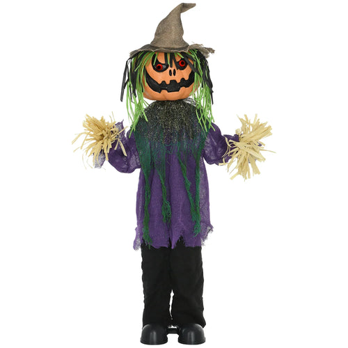 Purple Halloween animatronic scarecrow with jack-o-lantern face, glowing eyes, witch hat