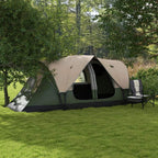 Large dome camping tent in dark green and beige with open front entry and side window