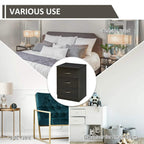 Dark bedside stand with three drawers, curved metal bar pulls, and flat top.
