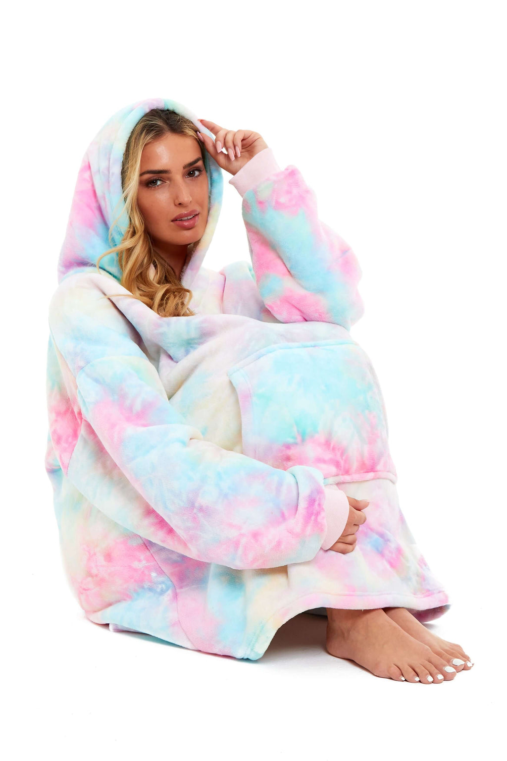 Tie Dye Rainbow Oversized Hooded Plush Fleece Wearable Blanket with Sherpa, Elastic Cuffs, and Double Pocket for Adults and Kids