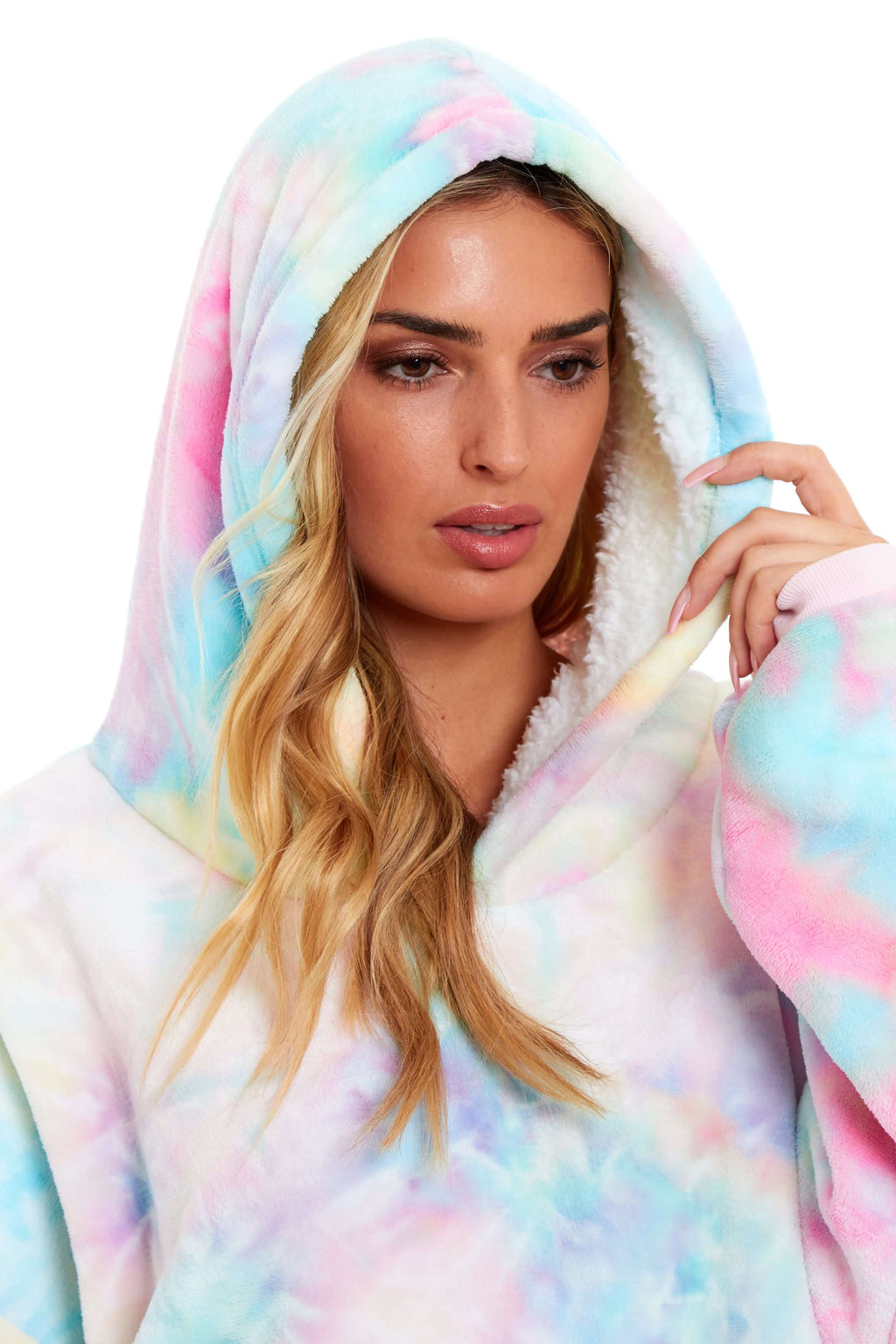 Tie Dye Rainbow Oversized Hooded Plush Fleece Wearable Blanket with Sherpa, Elastic Cuffs, and Double Pocket for Adults and Kids
