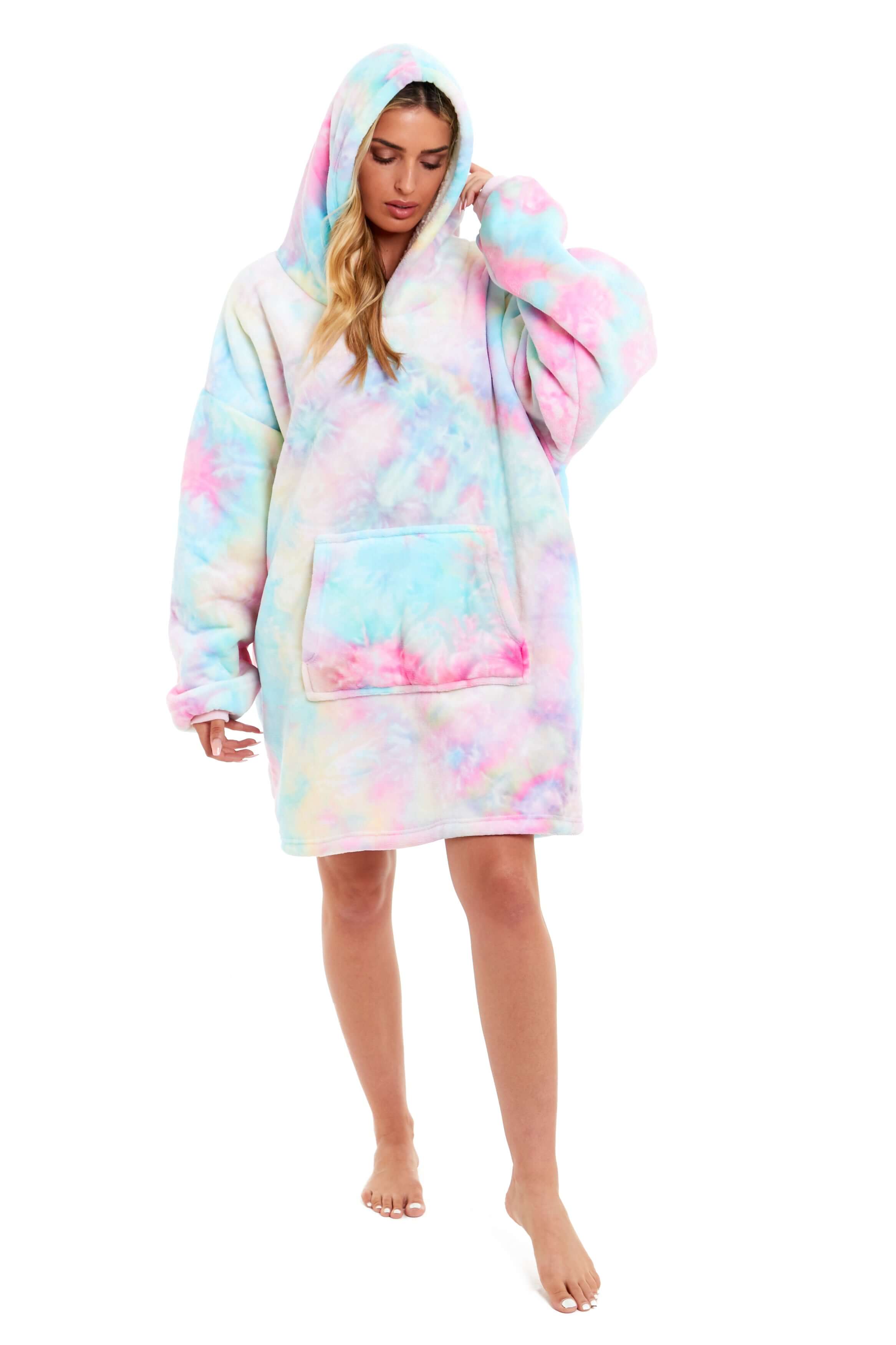 Tie Dye Rainbow Oversized Hooded Plush Fleece Wearable Blanket with Sherpa, Elastic Cuffs, and Double Pocket for Adults and Kids