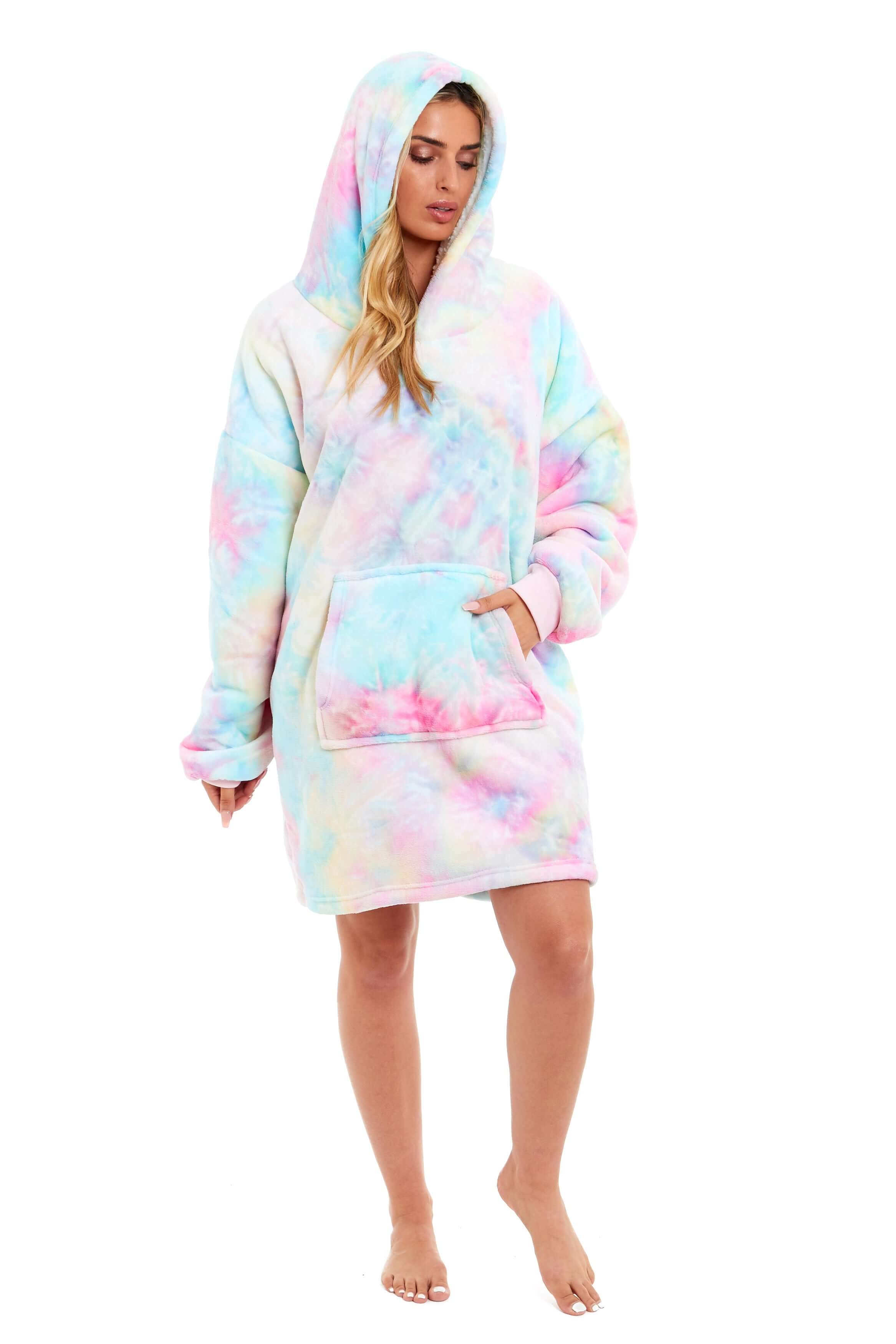 Tie Dye Rainbow Oversized Hooded Plush Fleece Wearable Blanket with Sherpa, Elastic Cuffs, and Double Pocket for Adults and Kids