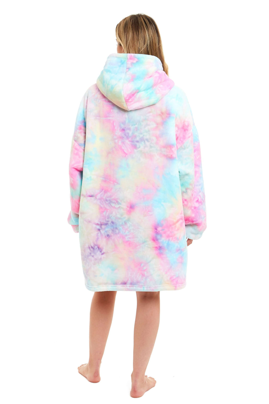 Tie Dye Rainbow Oversized Hooded Plush Fleece Wearable Blanket with Sherpa, Elastic Cuffs, and Double Pocket for Adults and Kids