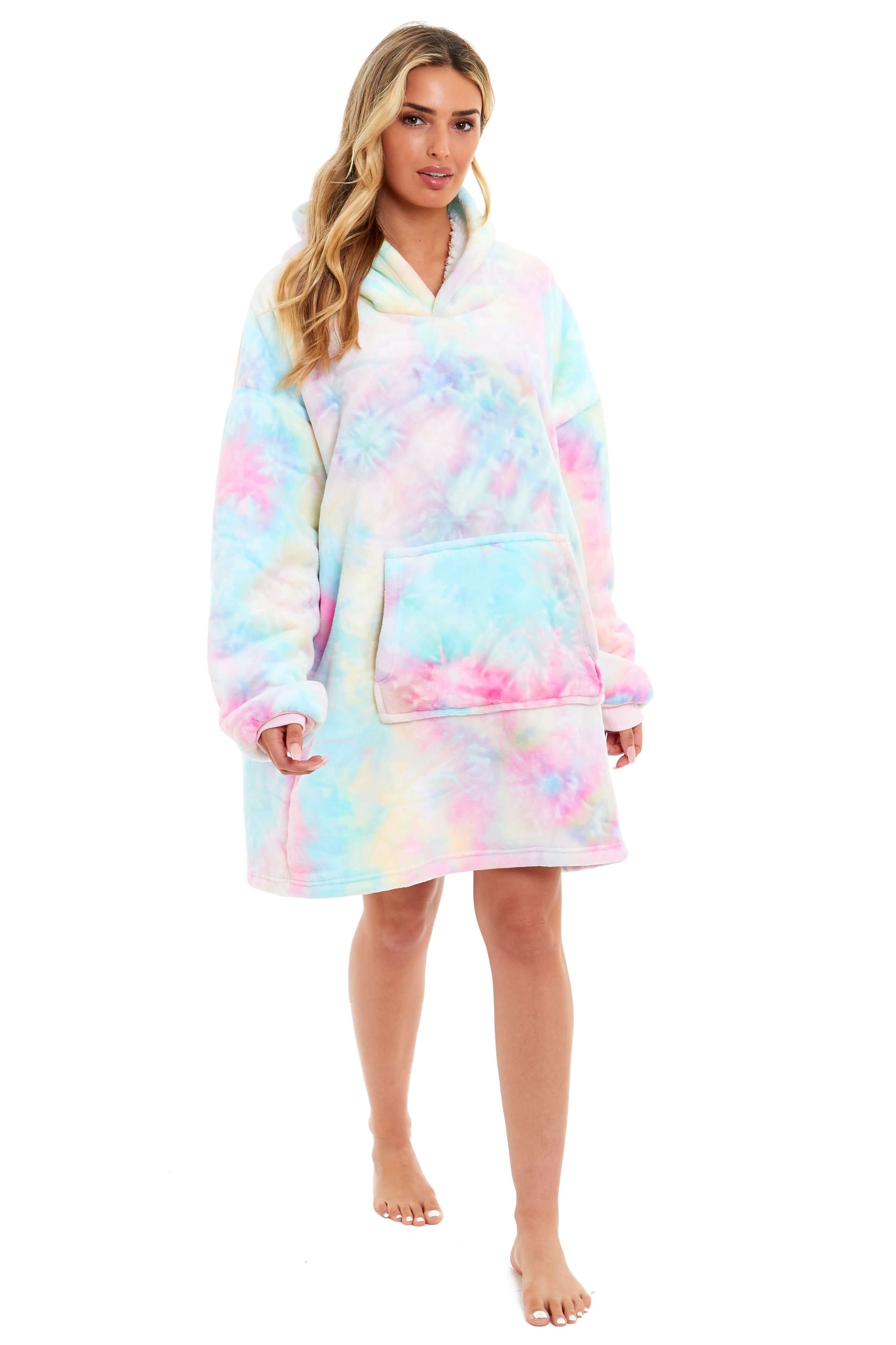 Tie Dye Rainbow Oversized Hooded Plush Fleece Wearable Blanket with Sherpa, Elastic Cuffs, and Double Pocket for Adults and Kids