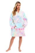 Tie Dye Rainbow Oversized Hooded Plush Fleece Wearable Blanket with Sherpa, Elastic Cuffs, and Double Pocket for Adults and Kids