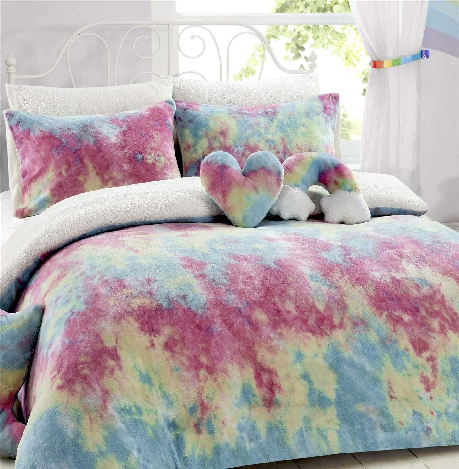 Tie Dye Rainbow Ultra-Soft Teddy Fleece Duvet Set for Kids Reversible Bedding with Cushion and Throw Single and Double Beds