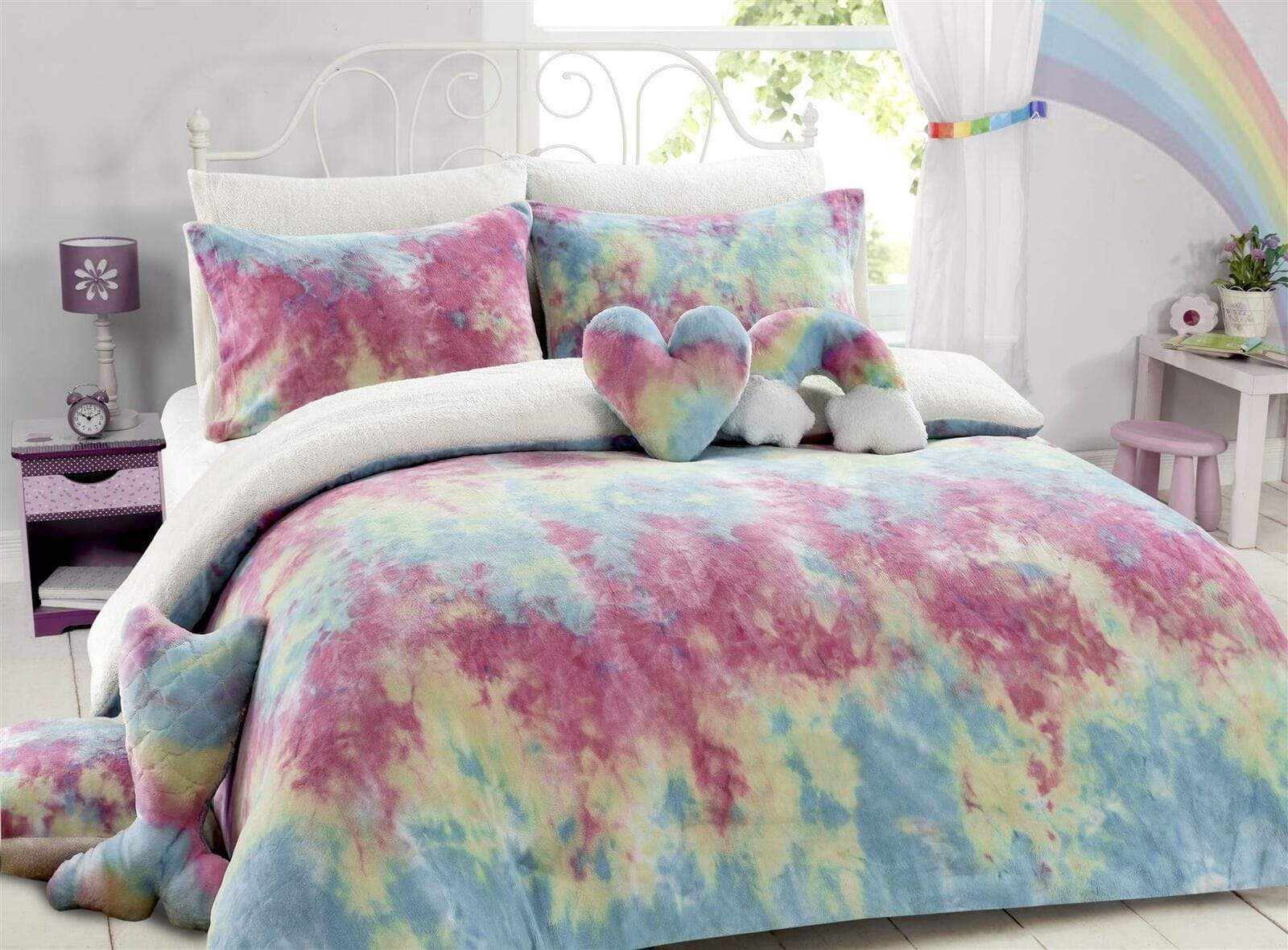 Tie Dye Rainbow Ultra-Soft Teddy Fleece Duvet Set for Kids Reversible Bedding with Cushion and Throw Single and Double Beds