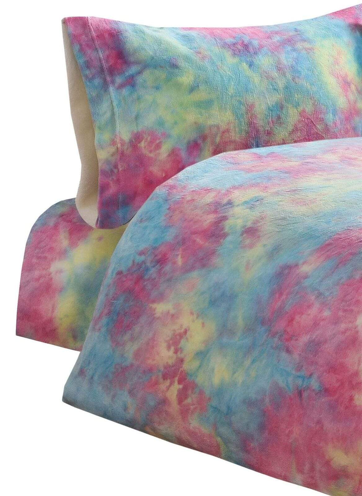 Tie Dye Rainbow Ultra-Soft Teddy Fleece Duvet Set for Kids Reversible Bedding with Cushion and Throw Single and Double Beds